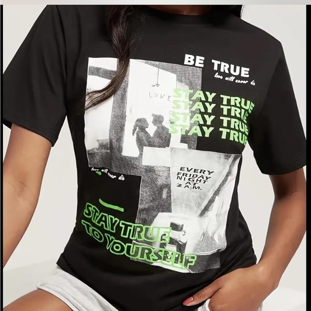 Black Graphic Tee with Green Accents